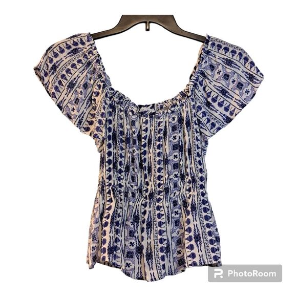 PATRONS OF PEACE BLUE/WHITE COUNTRY BOHO STYLE FLATTER SLEEVE TOP - SZ M NWOT - Picture 2 of 15